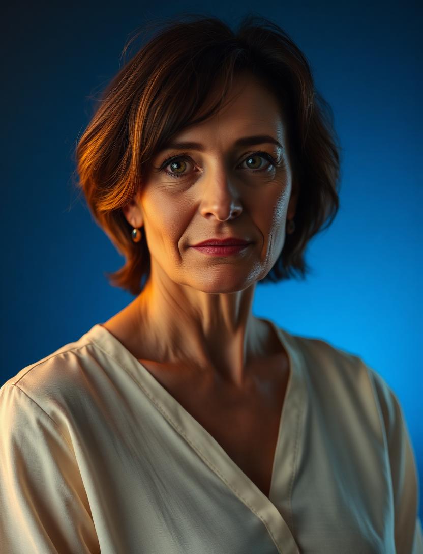 Sandra Castanon, psicanalista, retrato sereno com iluminação quente