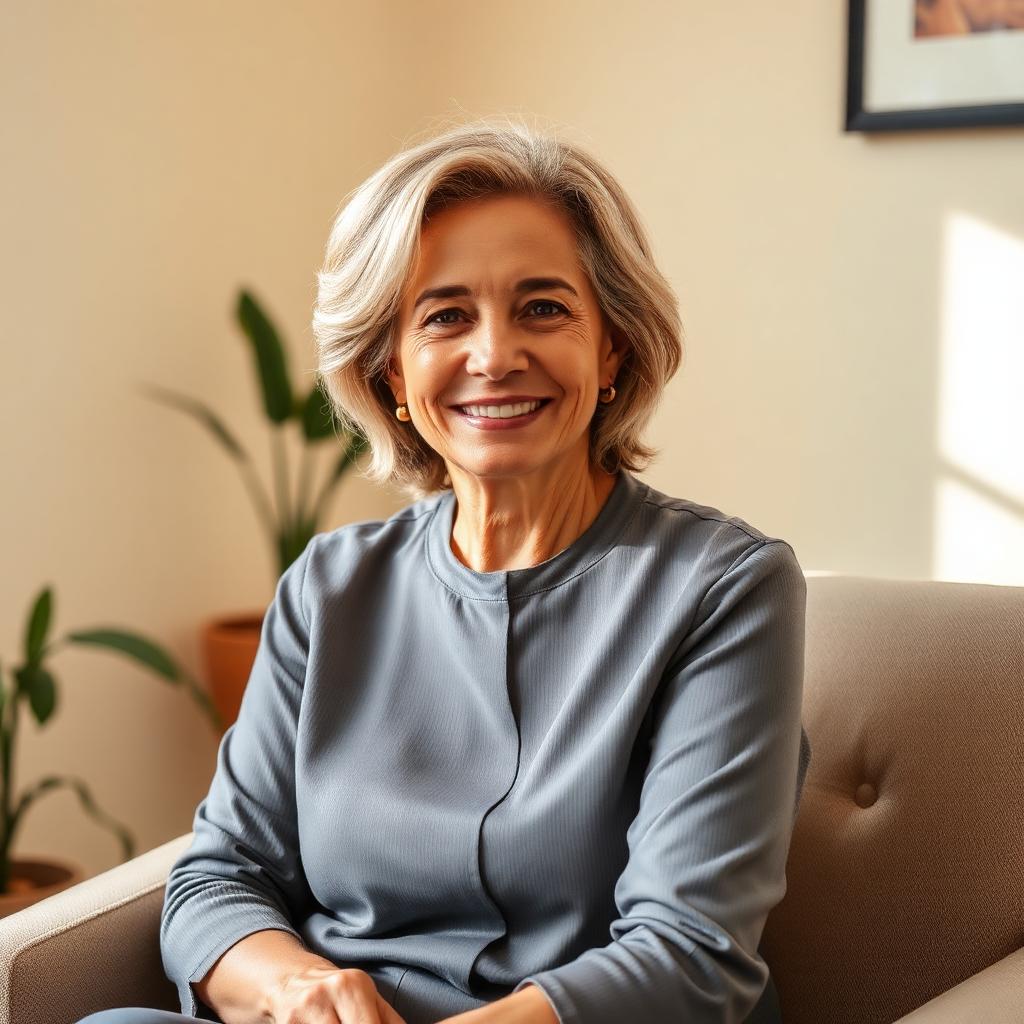 Sandra Castanon, psicanalista, sentada em consultório com iluminação natural quente